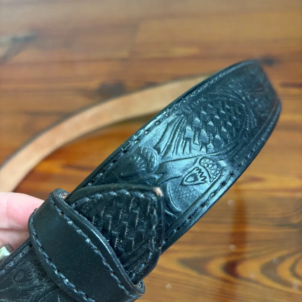 Schaeffer Black Tooled Leather Western Belt Mens Size 46 Floral Scroll Stamped